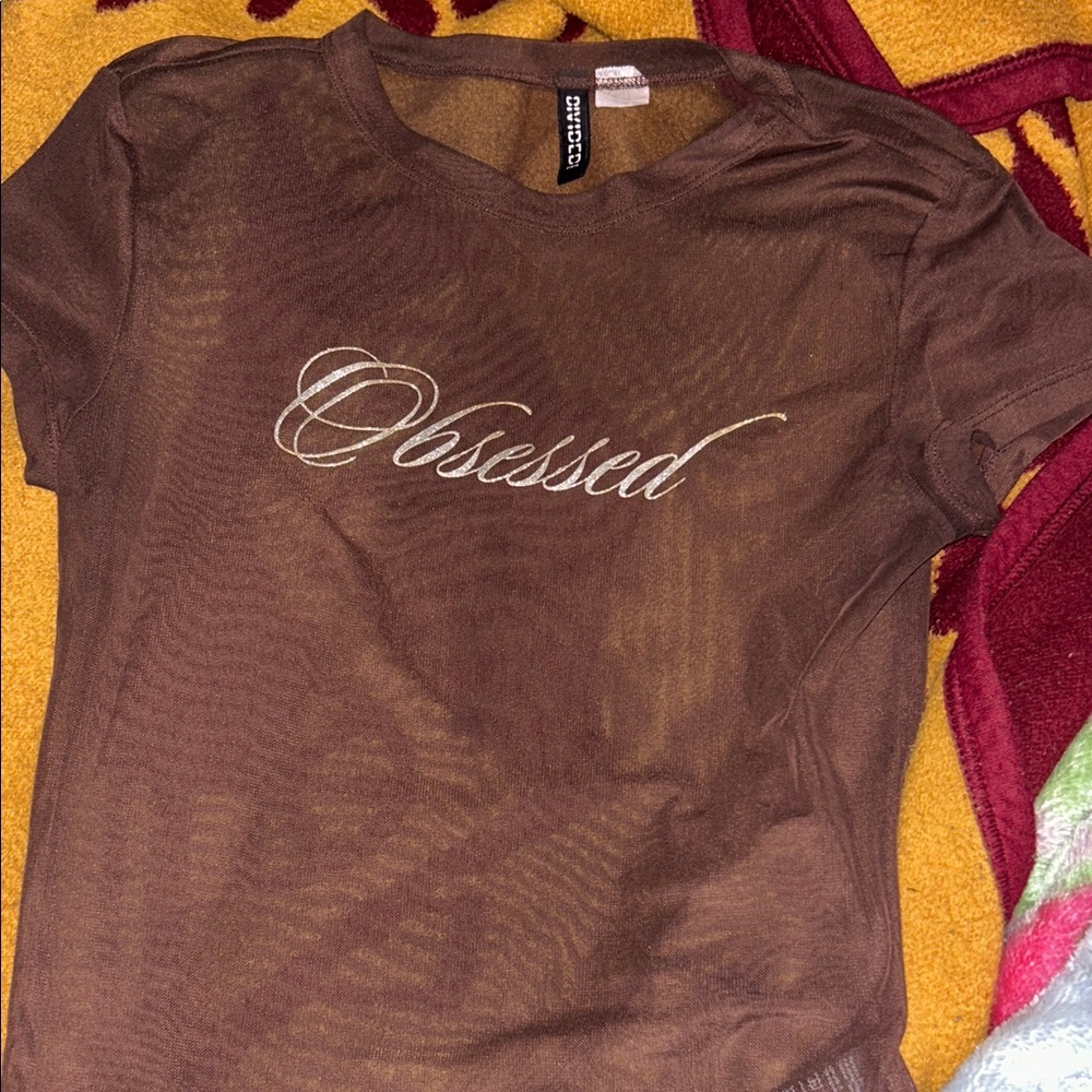 Divided Brown Sheer Tee With Cute Lettering.